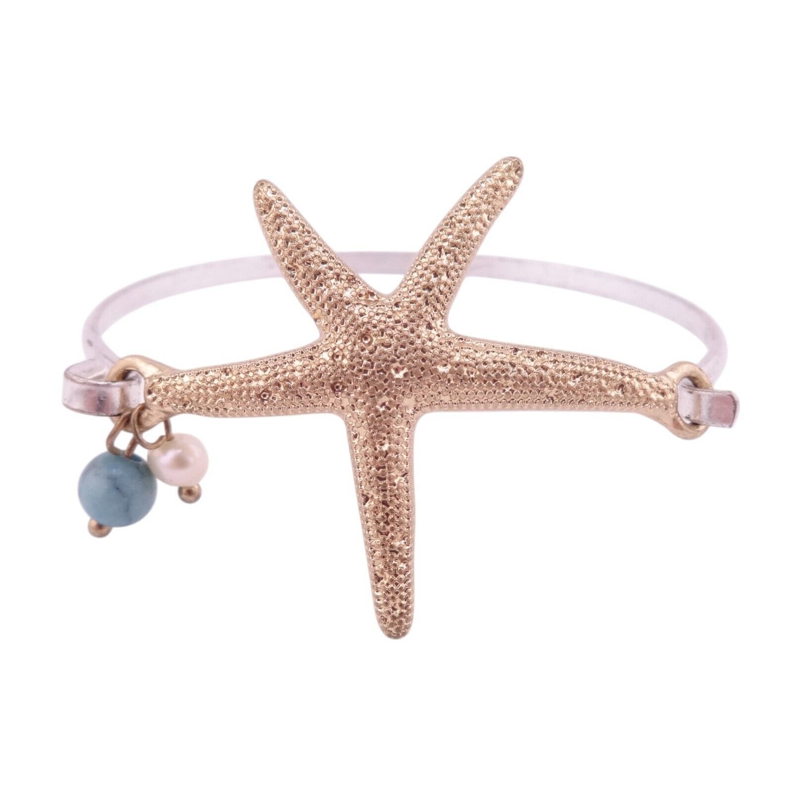 Rain Goldtone Starfish On Silvertone Bangle Bracelet Turquoise & Pearl Beads Nwt